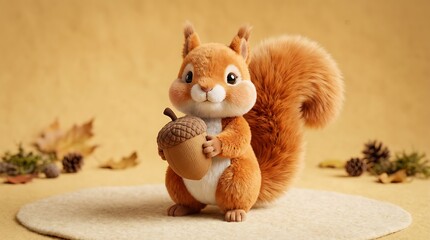 Fototapeta premium Cute cartoon squirrel holding an acorn with autumn leaves in the background.