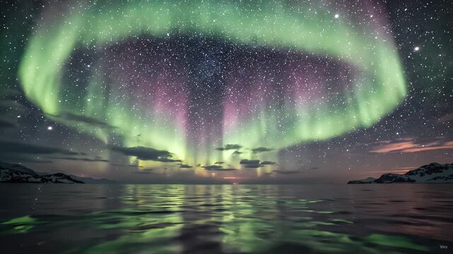 Aurora Borealis Over Calm Ocean and Starry Night Sky - A breathtaking display of the aurora borealis paints the night sky with vibrant green and purple hues above a tranquil ocean.