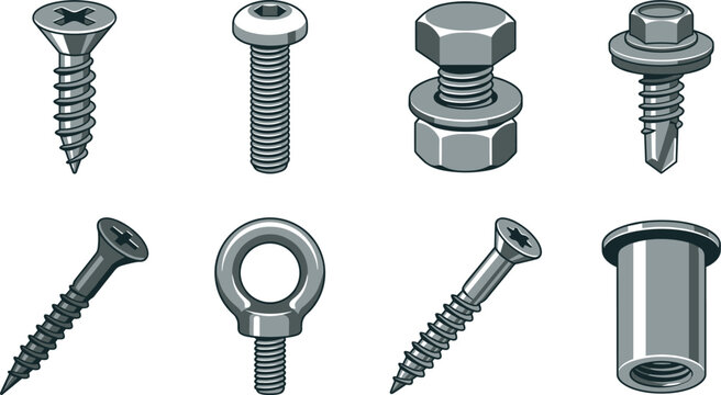 Collection of Common Mechanical Fasteners Including Screws Bolts Nuts and Inserts for Construction Assembly