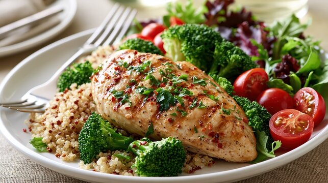 Grilled Chicken Breast with Quinoa and Fresh Broccoli Salad in Soft Natural Light
