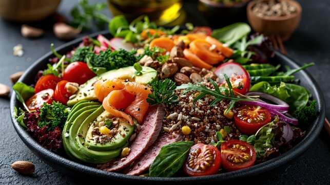 Vibrant superfood salad with salmon avocado steak and quinoa in dramatic lighting for healthy eating concepts