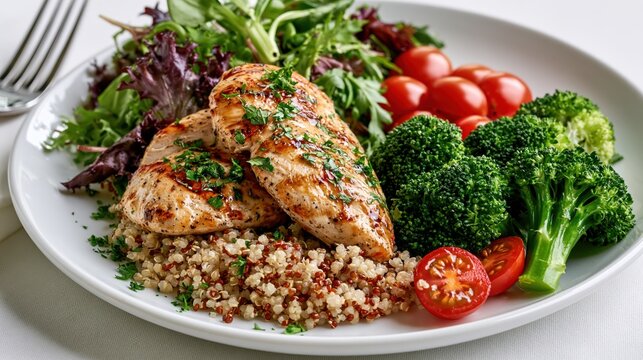 Grilled chicken breasts on quinoa with fresh broccoli and cherry tomatoes during a bright studio light for a healthy meal concept