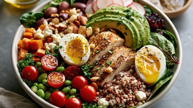 Healthy chicken grain bowl with egg avocado and vegetables in natural daylight
