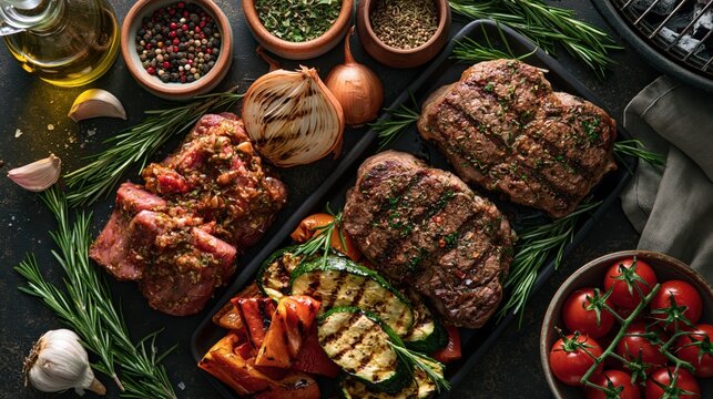 Grilled steaks with fresh herbs and vegetables seasoned with spices during a rustic outdoor meal