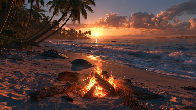 Tropical beach campfire at sunset with palm trees and ocean waves