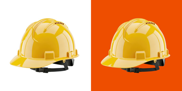 Bright yellow safety hard hat with chin strap transparent png