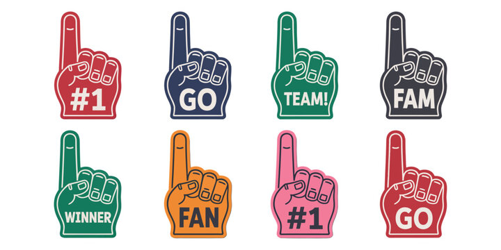 Foam Finger Icons featuring colorful giant hand pointers with motivational slogans for sports fans, cheering, stadium events, and team support