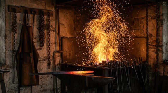 Blacksmith forge with anvil, glowing hot metal, and scattered sparks in a rustic workshop setting