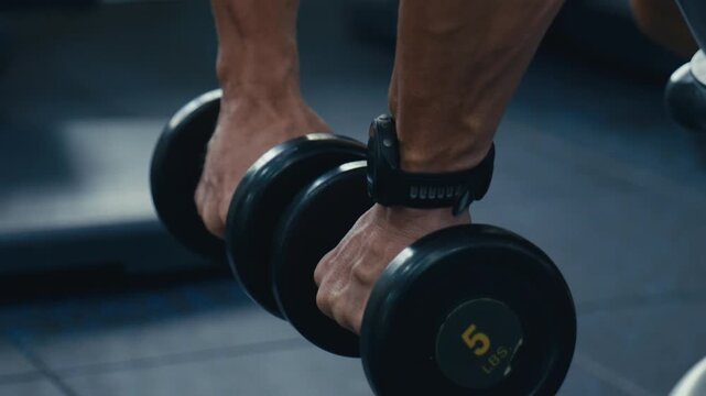 Action close up shot of athlete holding 5kg dumbbells and performing bicep curls during strength training workout inside modern fitness gym, highlighting effort and technique.