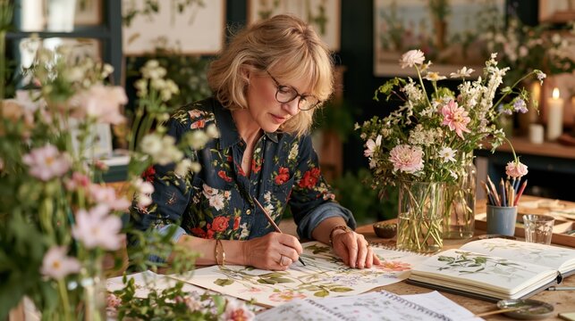 Mature woman artist painting floral watercolors in a sunlit studio with abundant blooms