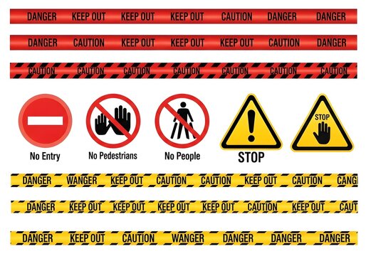 Collection of warning and hazard security signs with caution tape isolated on white