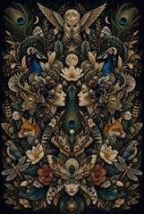 Fototapeta premium Mystical collage of women, owls, deer, foxes, peacocks, moons, feathers