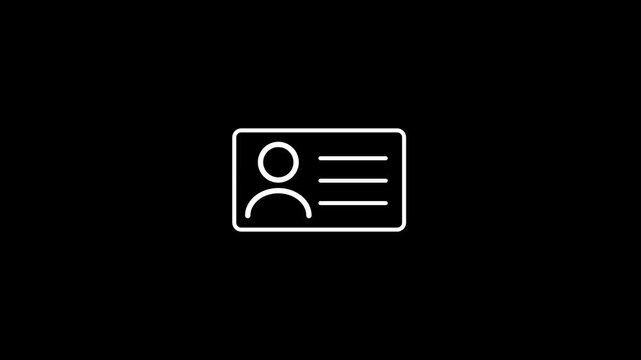 Minimalist id card icon animation on black background showing profile avatar and text lines in clean line art style. 4k video motion graphic