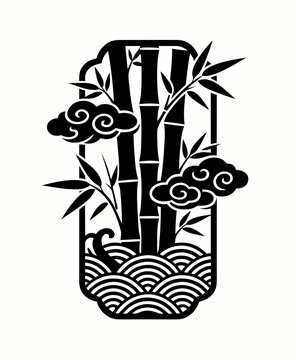 Black and White Traditional Asian Bamboo Silhouette Frame with Clouds and Waves Vector Illustration