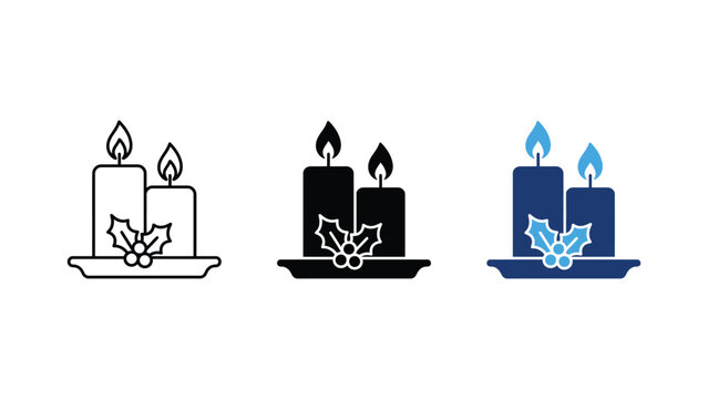 Set of christmas candles icons, vector illustration of two burning candles with holly leaves decoration on a plate, holiday festive design elements