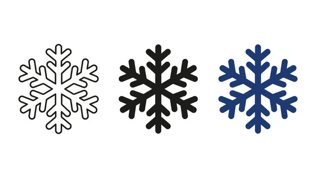 Set of three snowflake icons in different styles, outline, solid black and solid blue, winter weather symbols for design