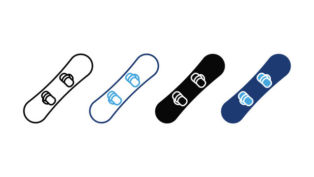 Set of four snowboard icons, vector illustration of winter sports equipment with bindings, flat design style