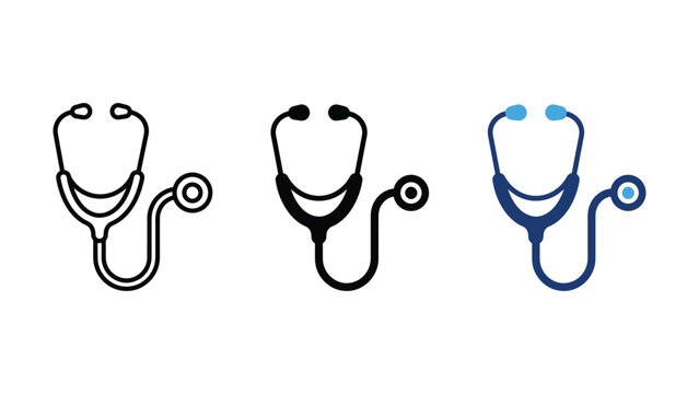 Set of three stethoscope icons in different styles, medical diagnostic equipment for doctors and healthcare professionals, flat vector illustration