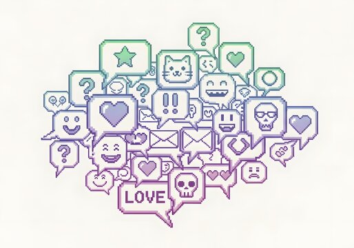 Pixel art speech bubbles collection with emoticons, heart symbols, skulls, and text messages