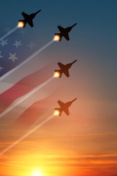 Air Force Day. Aircraft silhouettes on background of sunset with a transparent American flag. Vertical poster.