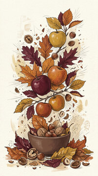 Hand drawn autumn still life with apples, nuts and colorful maple leaves surrounding a bowl of walnuts. Seasonal harvest illustration for food packaging, editorial design and greeting card