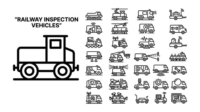 Railway Inspection Vehicles: A collection of line-art icons depicting various specialized vehicles designed for inspecting and maintaining railway tracks, showcasing different functions and designs.