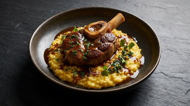 Delicious slow cooked lamb shank served with creamy yellow polenta on a dark plate for a fancy dinner. veal osso bucco