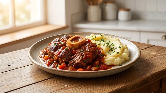 Delicious beef osso buco with creamy mashed potatoes served on a plate in a rustic kitchen setting. veal osso bucco