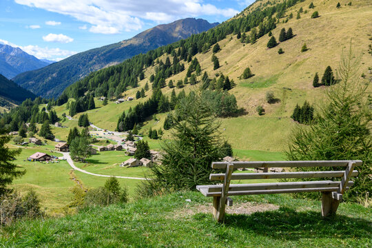 Wooden bench overlooking the historic Case di Viso alpine village near Ponte di Legno, surrounded by green meadows, larch forests and Italian mountain peaks.