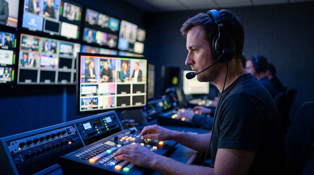 Professional broadcast engineer managing live video feeds in a television studio control room, wearing a headset while monitoring screens and coordinating broadcast operations.