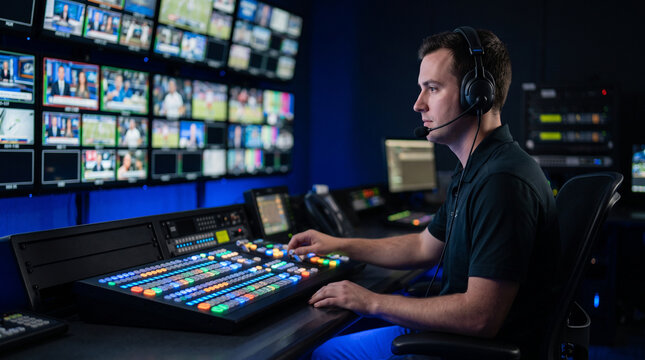 Professional broadcast engineer managing live video feeds in a television studio control room, wearing a headset while monitoring screens and coordinating broadcast operations.