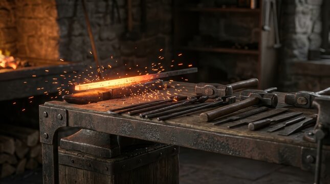 Glowing hot metal bar on an anvil in a traditional blacksmith workshop with sparks flying