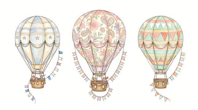 Three colorful hot air balloons with flags isolated