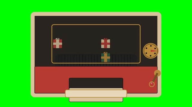 Premium retro Christmas microstock animation featuring a vintage mechanical vending machine dispensing a small Christmas gift.