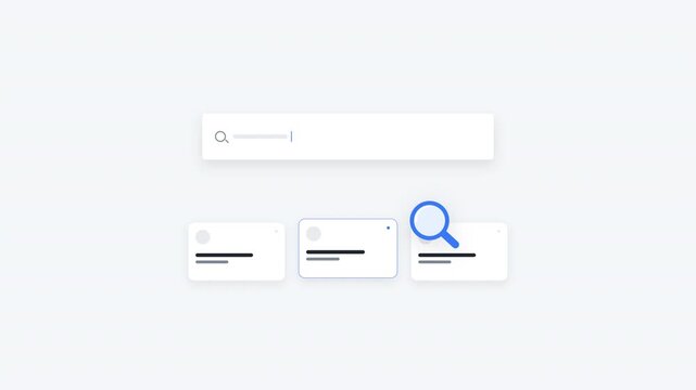 Minimal search interface micro interaction featuring a magnifying glass scanning digital result cards, identifying a relevant result, and returning to a seamless loop. Suitable for search, technology,