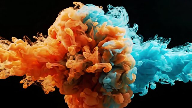 Vibrant orange and blue liquid collision creating dynamic abstract swirls on black