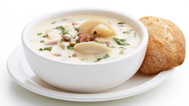 clam chowder in a bowl isolated on white background