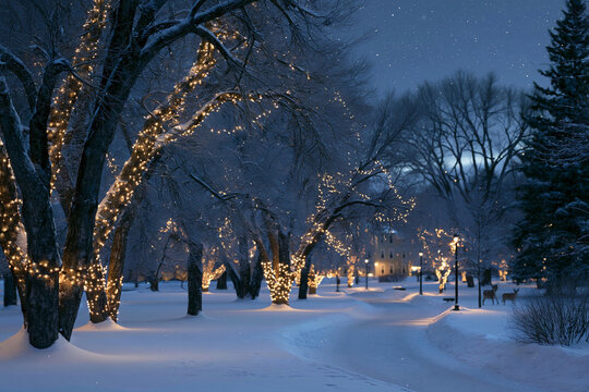 Winter night scene with lights and snow in a quiet park