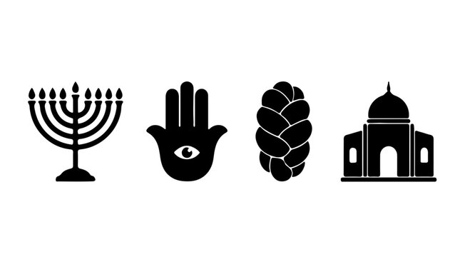 Judaism religious symbols and jewish culture vector icons set isolated on white background. Linear glyph style illustration containing menorah, hamsa hand with evil eye, challah bread.