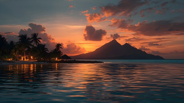 Beautiful tropical island coastline with bungalows and glowing lights during twilight