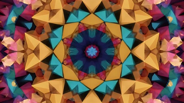 Colorful Geometric Kaleidoscope Triangle Pattern Animation - A vibrant kaleidoscope pattern with geometric triangles in shades of blue, teal, gold, pink, and purple.