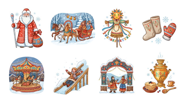 Colorful collection of traditional Russian winter holiday illustrations showcasing cultural festivities, cold weather activities, and iconic symbols like Ded Moroz and samovar