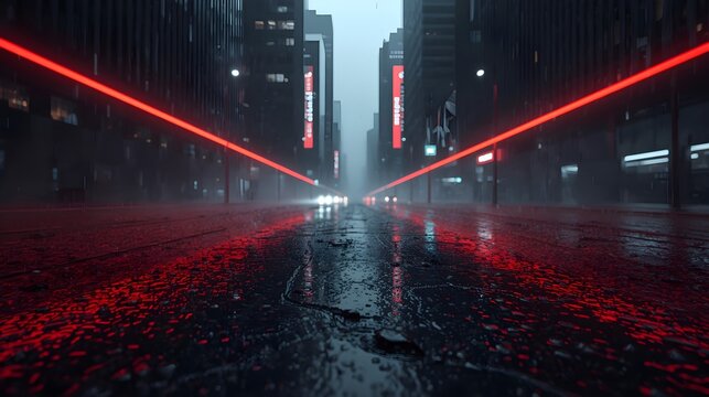 Futuristic dark city road with glowing red neon signs and rain drops