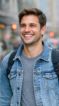 Happy Young Man in Denim Jacket and Backpack Smiling in a City