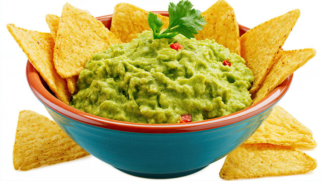 guacamole with tortilla chips on white background