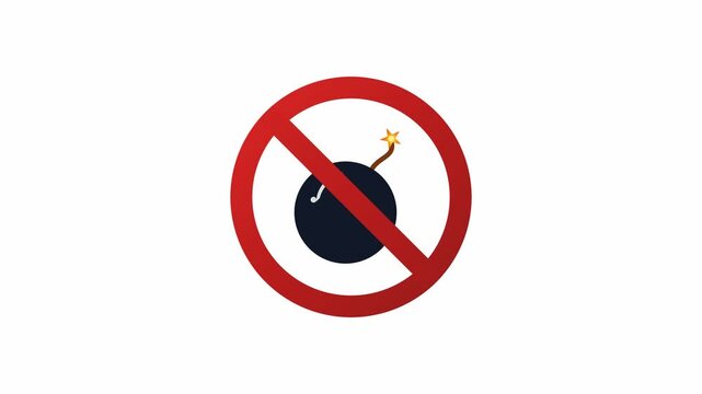 Prohibited bomb sign with burning fuse animation. 4K Video