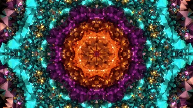Colorful Geometric Kaleidoscope Triangles Seamless Loop Animation - A vibrant and intricate kaleidoscope pattern made of geometric triangles in shades of teal, purple, and gold.