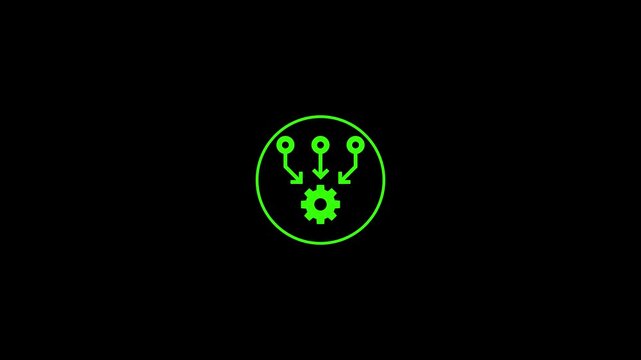 Abstract Neon Green Data Processing Automation Icon with Connected Gear Elements and Digital Workflow Symbol on a Sleek Black Background
