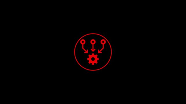 Red Gear Cogwheel with Directional Arrows Inside Circular Outline Representing Workflow, Process, Automation, System Integration, Management, and Technology on Black Background
