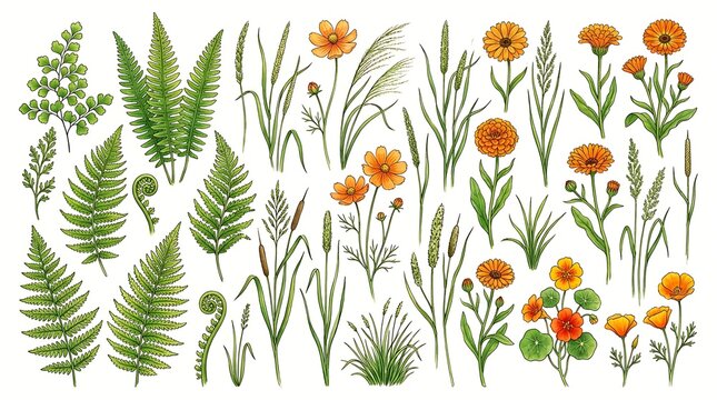 Set of hand drawn wildflowers and green fern leaves